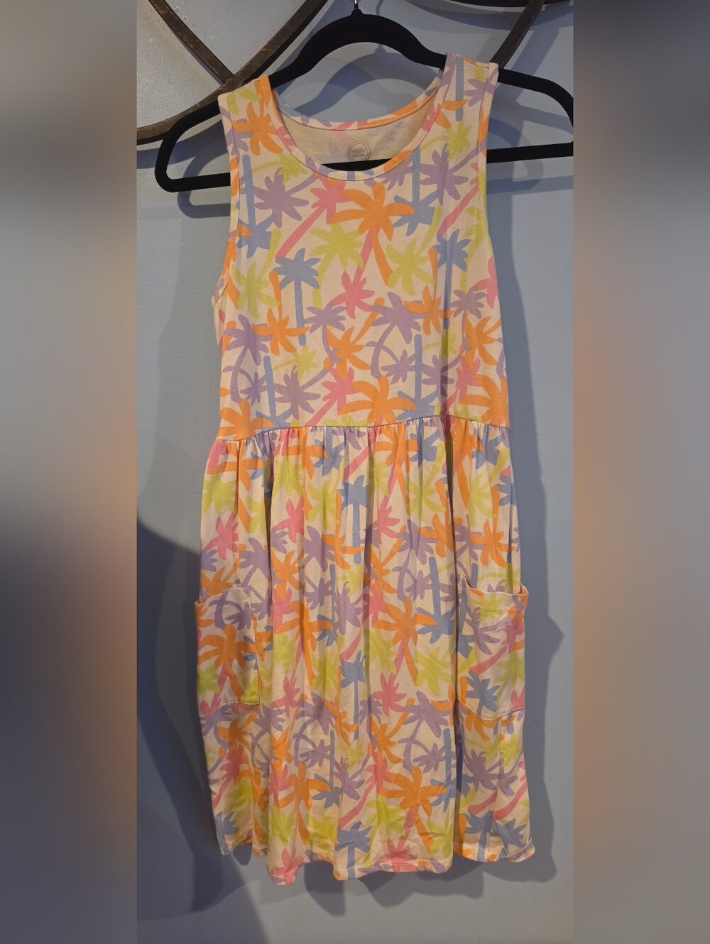 Girls' Sleeveless Palm-Print Summer Dress in Pastel Multi Size XXL